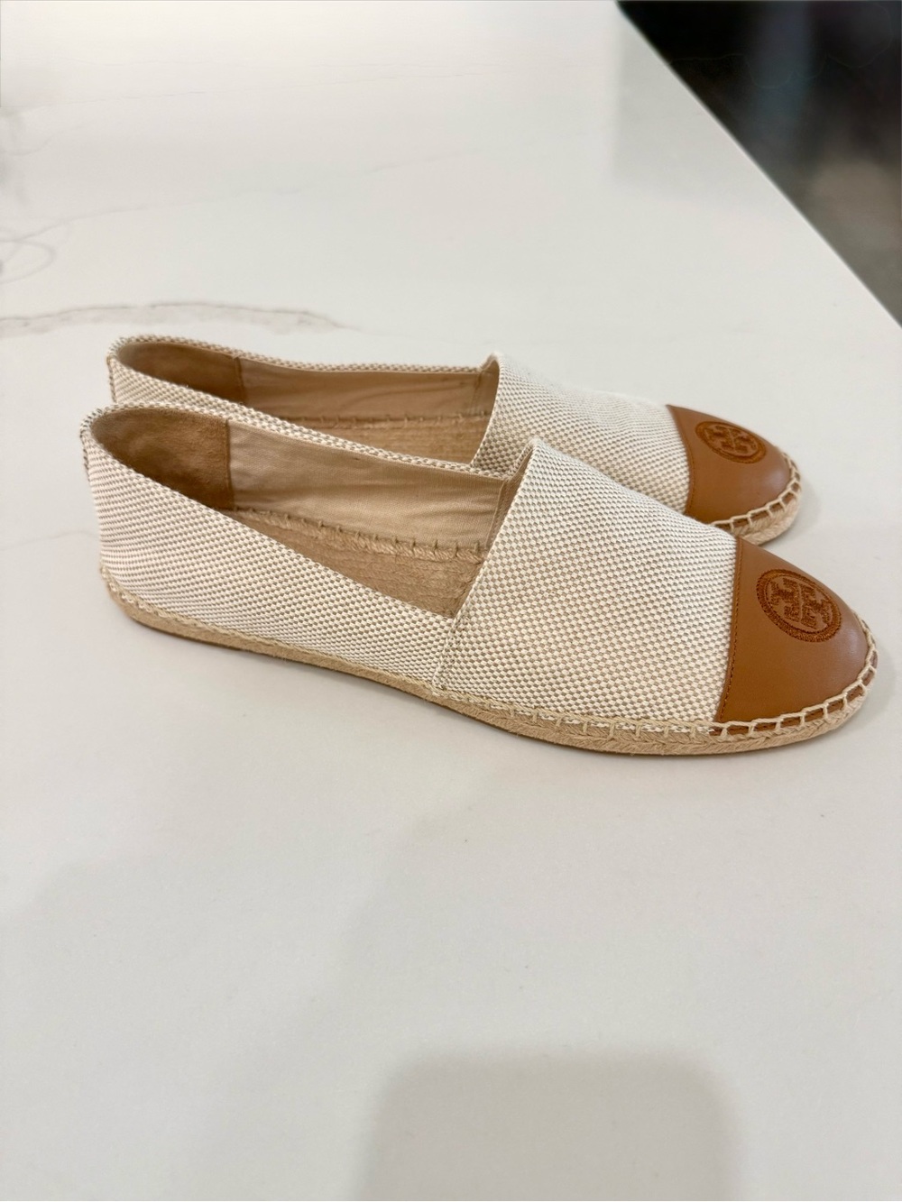 Tory Burch Cream Canvas Espadrilles with Tan Leather Cap Toe